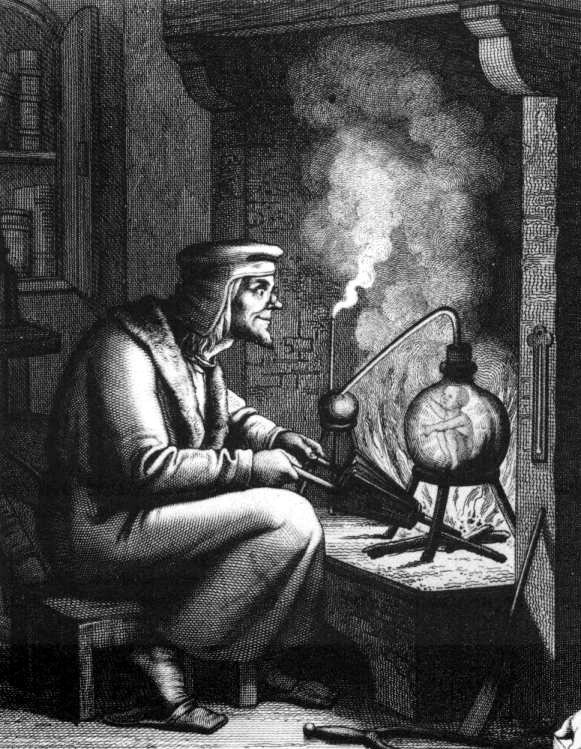 Alchemist creating a homunculus in a flask (Faust)